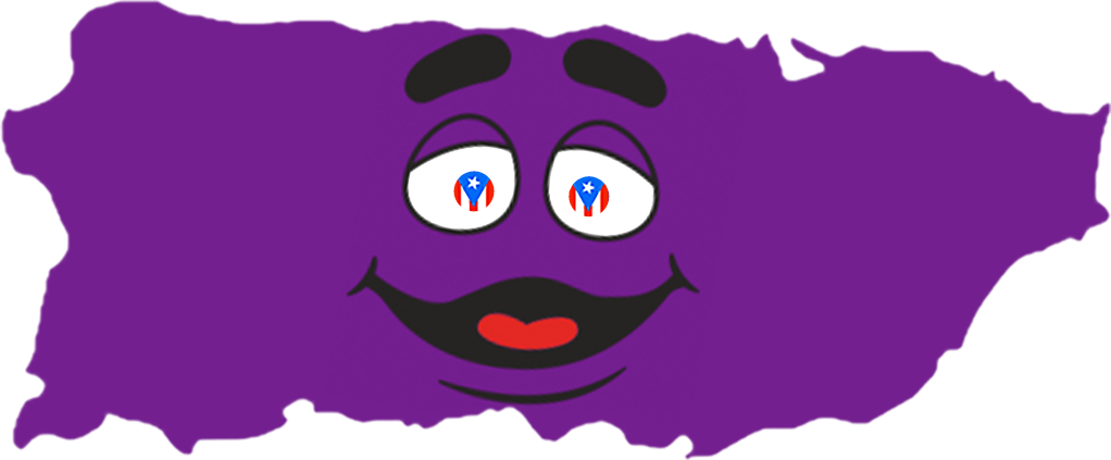 Stylized illustration of Puerto Rico as a purple island with a smiling cartoon face. The character's eyes contain Puerto Rican flag-inspired designs, creating a playful and patriotic visual that blends island pride with a purple mascot aesthetic.